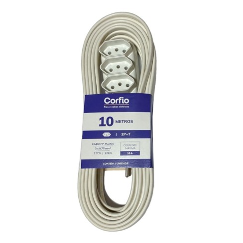 EXTENSAO CORFIO 2P+T PP BRANCO 3X0,75 10A 10METROS