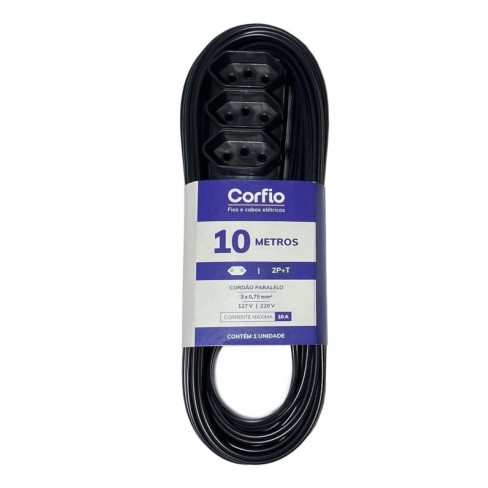 EXTENSAO CORFIO 2P+T PP PRETO 3X0,75 10A 10 METROS
