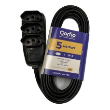 EXTENSAO CORFIO 2P+T PP PRETO 3X0,75 10A 5 METROS