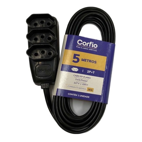 EXTENSAO CORFIO 2P+T PP PRETO 3X0,75 10A 5 METROS