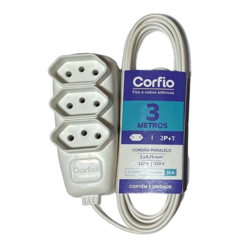 EXTENSAO CORFIO 2P+T PP BRANCO 3X0,75 10A 3 METROS