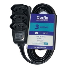 EXTENSAO CORFIO 2P+T PP PRETO 3X0,75 10A 3 METROS